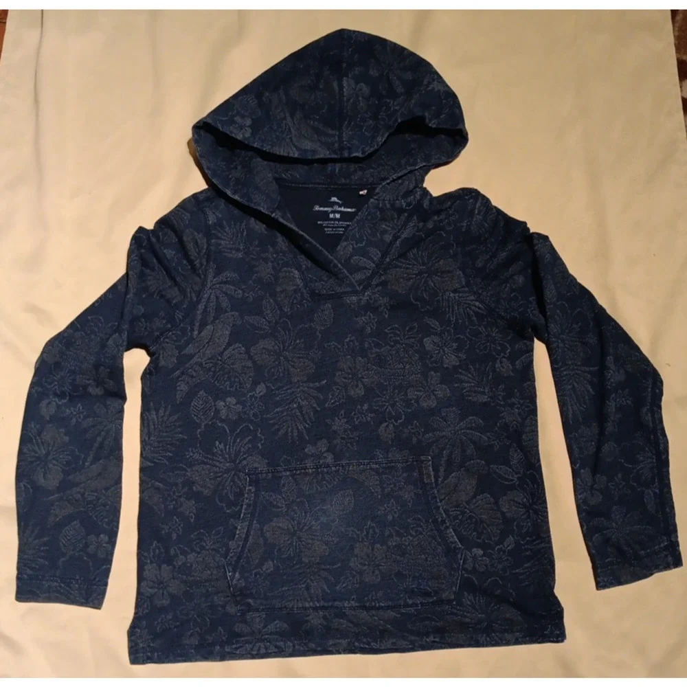 Tommy Bahama Women Medium Sweater All Over Print Floral Hooded V-Neck Navy Blue